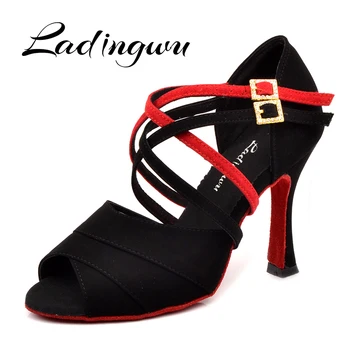 Ladingwu/Туфли для латинских танцев, женские новые черные/красные фланелевые туфли для танцев, Красная мягкая подошва, Кубинская обувь на высоком каблуке 6-10 см, Сальса, бальные танцы