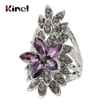 Модные кольца с хрустальным цветком Kinel Для женщин, фиолетовое стекло AAA, Тибетское Серебряное Обручальное кольцо на палец, ювелирные украшения Bague