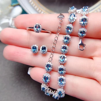 MeiBaPJ Комплект ювелирных изделий с лондонским голубым топазом, кольцо, браслет, серьги из серебра 925 пробы, изысканные свадебные украшения для женщин