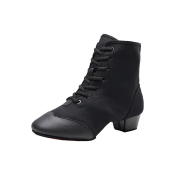 Черные ботинки для джазовых танцев на шнуровке, Современная обувь для латиноамериканских танцев на высоком каблуке 3,5 см, парусиновая обувь из натуральной воловьей кожи на мягкой подошве