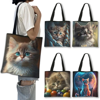 Сумка на плечо с принтом котенка в стиле Каваи, Мультяшные сумки-тоутеры с изображением кошек, Женская сумка Большой емкости, Многоразовые сумки для покупок, подарок